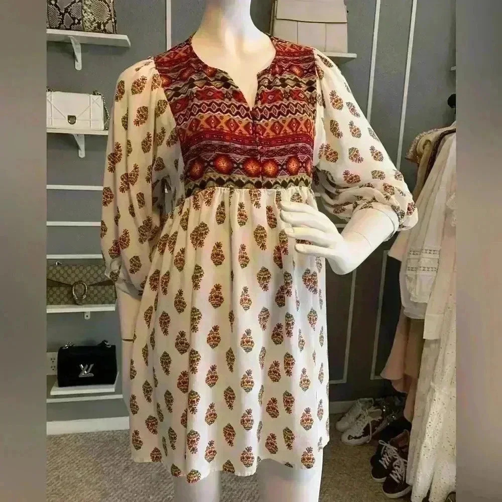 Umgee Perfect Day Aztec Tunic Dress V Neck 3/4 Sleeve Floral Size Large. #317